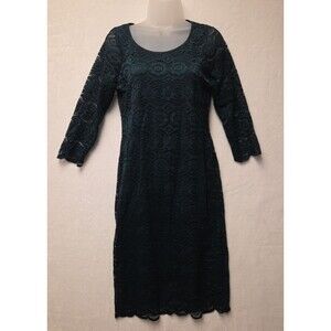 Liz Claiborne Lace Midi Dress Women Sz 4 Emerald Green Lined 3/4 Sleeve Elegant